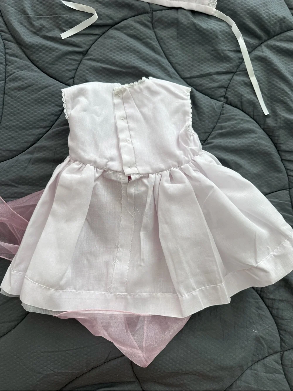 White & Pink Baby girl Dress with Pink Sash and Headpiece - handmade - NEW
